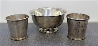 Three American Silver Articles, , comprising an International Silver Co. Revere bowl and two Baldwin & Miller silver beakers.