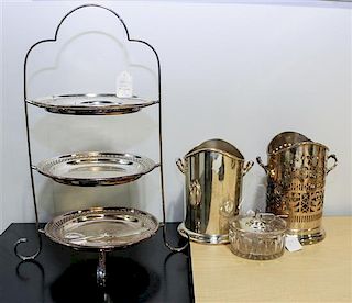 A Collection of Silver and Silver-Plate Table Articles, Various Makers, comprising a three-tiered cake tray, a covered glass 