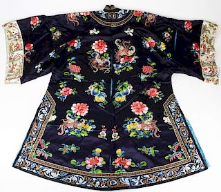19Th C Chinese Embroidered Purple/Blue Silk Robe.