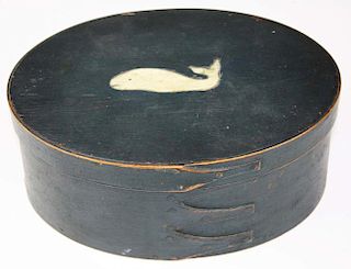 19Th C Shaker Oval Box In Old Green Paint W/ Sperm Whale