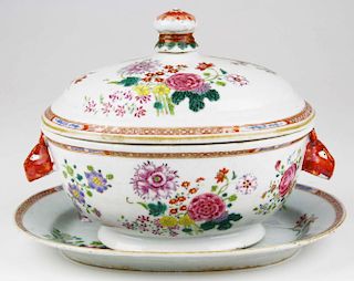 18Th C Chinese Export Famile Rose Boars Head Covered Tureen & Under Tray.