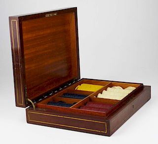 Ca 1900 Mahogany Brass Bound Poker Chip Case.
