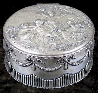French Silver Large Round Dresser Box Or Jewel Casket