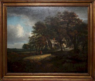 18Th C English School Oil On Canvas Scene Of Travelers On The Road