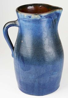 Late 19Th C All-Over Blue Decorated Stoneware Pitcher
