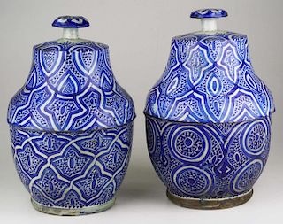 Pair Of 19Th C. Moroccan Pottery Covered Jars Or Urns