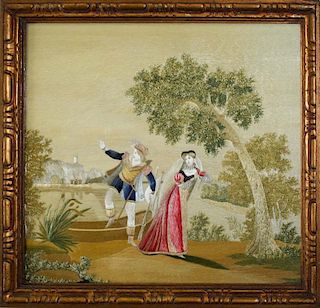 Mid 19Th C Needlework On Silk Picture With Courting Couple