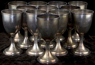 12 Sterling Silver Stemmed Wine Goblets With Ribbed Edge