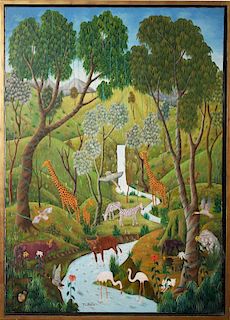 Franklin Latortue (Hatian 1942-) Peaceable Kingdom Oil On Canvas