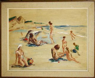 Eliena Krylenko Eastman ( Poland/Mass 1895-1956) Bathers At Kings Beach 1948 Oil On Bord