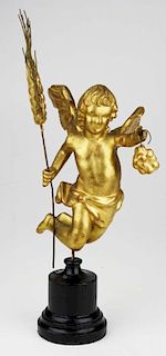 19Th C Italian Gilt Putti Carrying A Stalk Of Wheat & Grapes