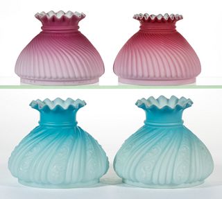 ASSORTED SWIRLED PATTERN SATIN-GLASS MINIATURE / JUNIOR LAMP SHADES, LOT OF TWO PAIRS