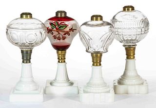 ASSORTED PATTERN KEROSENE STAND LAMPS, LOT OF FOUR
