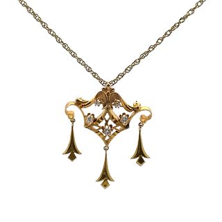 Art Nouveau 14k Gold Pendant / Brooch with Diamonds