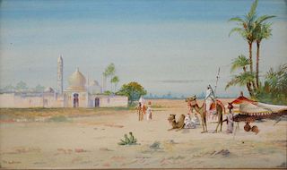 M. Cobini (20Th C) The Oasis Watercolor On Paper