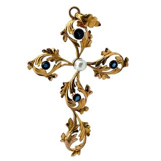 Art Nouveau 18k Gold Cross Pendant with Sapphires & Pearl