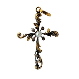Art Nouveau 18k Gold Cross Pendant with Diamonds & Pearl