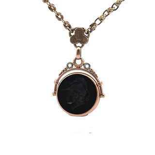 Victorian Agate carved Cameo Locket Pendant Chain in 14k Gold