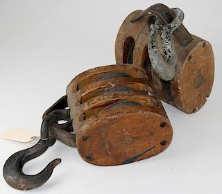 Pair Of 19Th C Heavy Three Pulley Block And Tackle