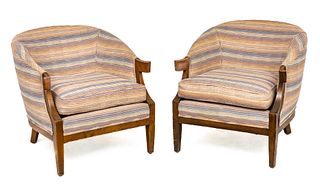 Windsor White & William Millington For Baker Pleated Linen & Walnut Club Chairs, Ca. 1970, H 28" W 27" Depth 30" 1 Pair