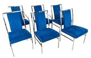 Milo Baughman Style, Suede & Chromed Steel Dining Chairs, H 37" W 20.5" Depth 24" 6 pcs