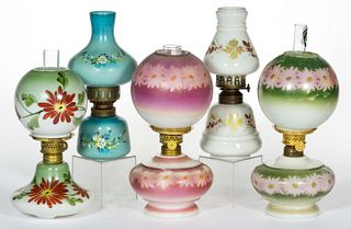 ASSORTED VICTORIAN DECORATED OPAQUE GLASS MINIATURE LAMPS, LOT OF FIVE