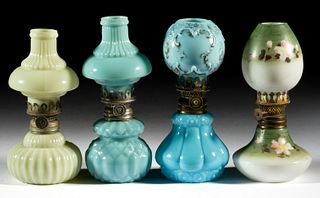 ASSORTED PATTERN OPAQUE GLASS MINIATURE LAMPS, LOT OF FOUR