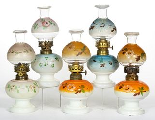 ASSORTED DECORATED NELLIE-BLY MINIATURE LAMPS, LOT OF FIVE