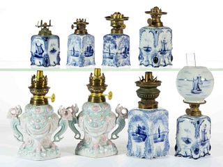 ASSORTED VICTORIAN DECORATED CERAMIC MINIATURE LAMPS, LOT OF EIGHT