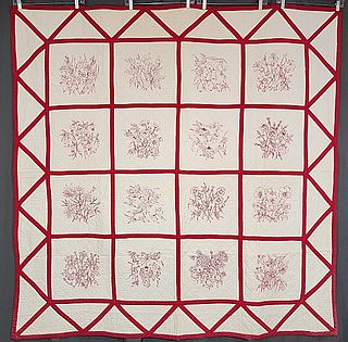 Vintage c1930 Botanical Redwork Quilt