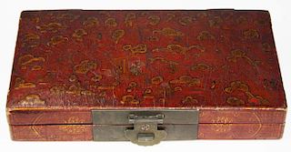 19Th C Chinese Hide Covered And Gilt Red Laqured Decorated Box.