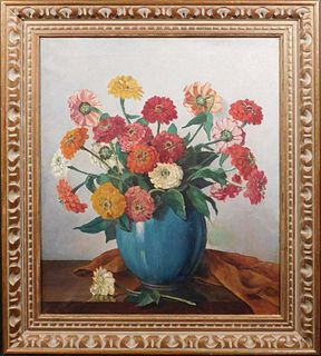 P. Tyssen: Zinnias in a Teal Vase