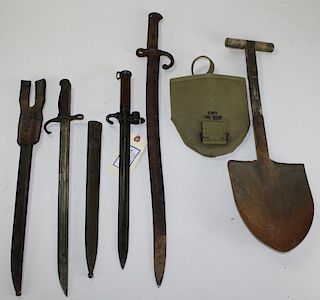 Three Early 20Th C Bayonets & Wwii Entrenching Tool