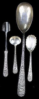 4 Pcs Of Kirk Repousse Sterling Silver Serving Flatware