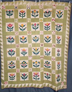 Antique c1870 Folk Art Floral Applique Quilt