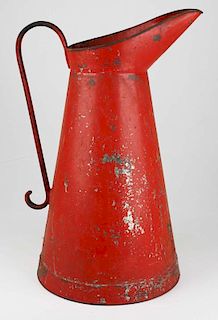 19Th C Tall Tin Pitcher In Red Paint