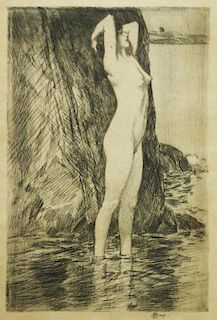 Early 20Th C Etching Of Young Woman Bathing
