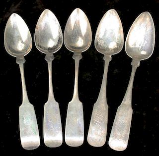 5 American Coin Silver Table Spoons By A. J. Evans 9"