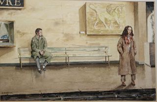 20Th C Watercolor Of Two Young People In Subway