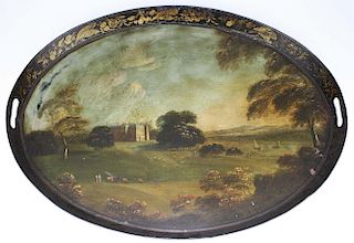 Early 19Th C Scottish Oval Tin Tray W/ Mansion Scene