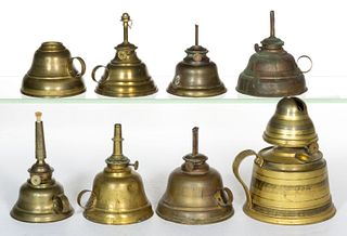 ASSORTED BRASS FINGER LAMPS WITH CHIMNEYLESS BURNERS, LOT OF EIGHT