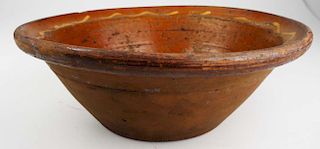Early 19Th C Redware Bowl W/ Mustard Slip Decoration