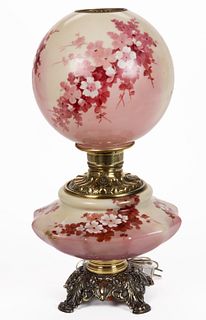 VICTORIAN FLORAL ENAMEL-DECORATED KEROSENE GONE WITH THE WIND / PARLOR LAMP