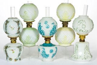 ASSORTED PATTERN OPAQUE GLASS MINIATURE LAMPS, LOT OF FIVE