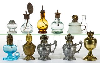 ASSORTED PATTERN GLASS AND METAL MINIATURE LAMPS, LOT OF TEN