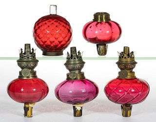 ASSORTED CASED RUBY OPTIC AND OTHER PATTERNS PEG LAMP FONTS, LOT OF FIVE