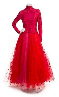 * A Bob Mackie Red Lace, Tulle and Beaded Gown, Size 6.