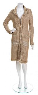 * A Chanel Taupe and Metallic Gold Knit Coat, Size 40.