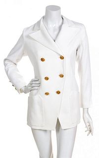 * A Chanel White Corduroy Double Breasted Jacket, Size 38.