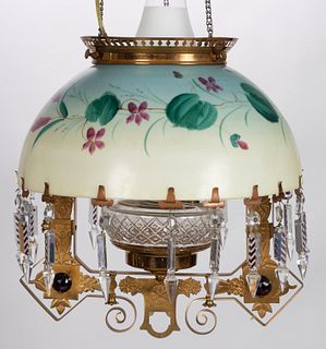 VICTORIAN DECORATED OPAL GLASS AND JEWELED KEROSENE HANGING / LIBRARY LAMP